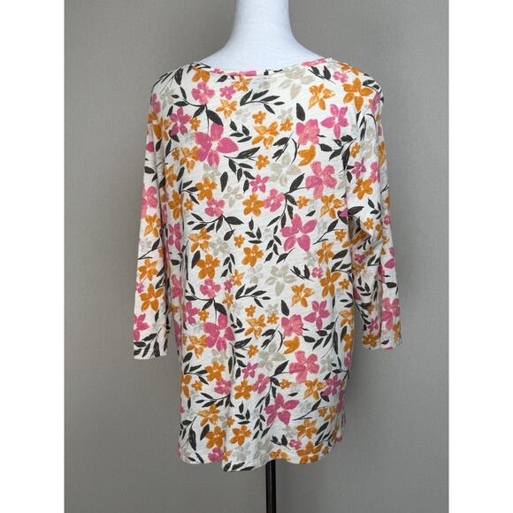 J.Jill Women's Plus Sz 1X Cream Floral Printed Top 100% Cotton 3/4 Sleeves - Picture 5 of 12
